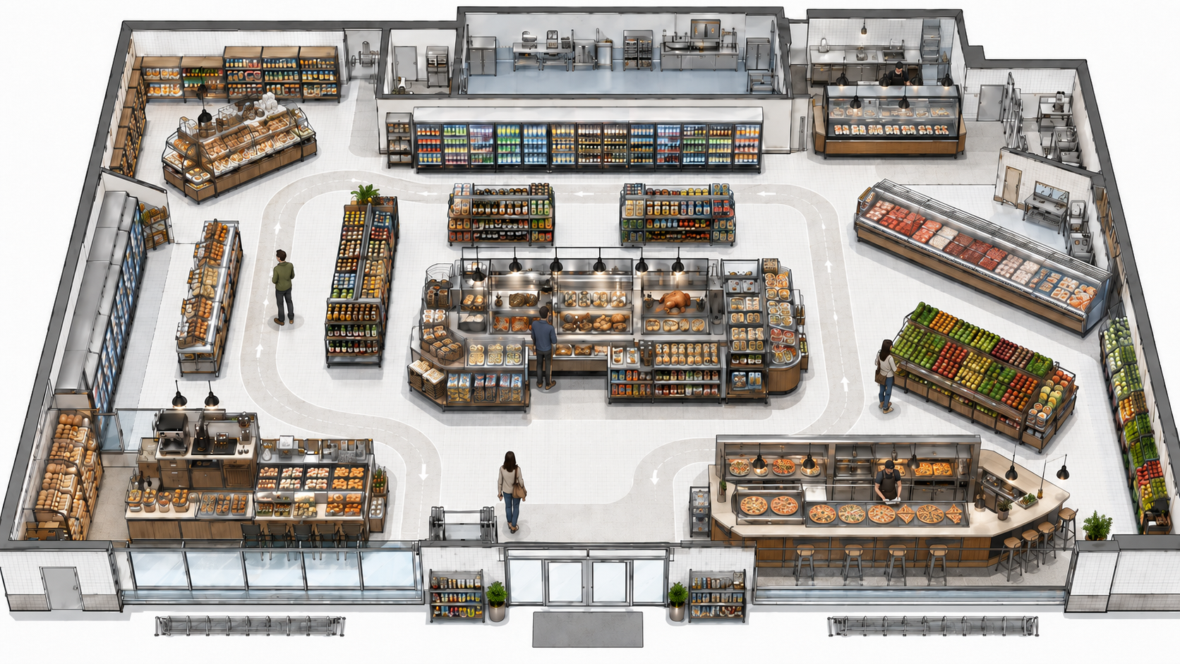 Birds eye view of a grocery store with different department sections