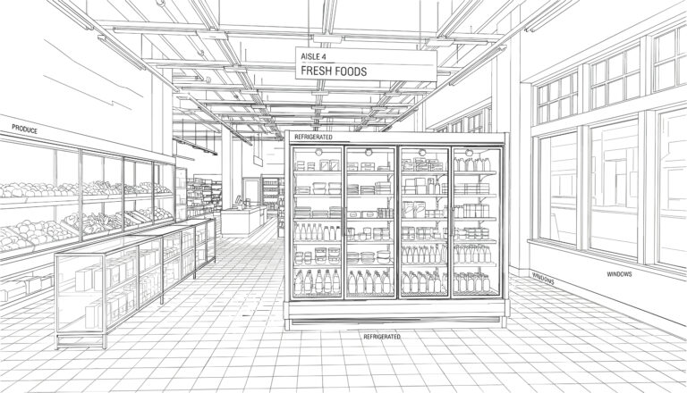 Line sketch of a supermarket interior with aisles, refrigerators, and shelving